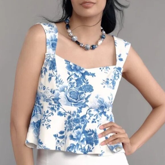 Maeve Square Neck Peplum Floral Crop Top in White and Blue Floral XS NWT - Picture 1 of 11
